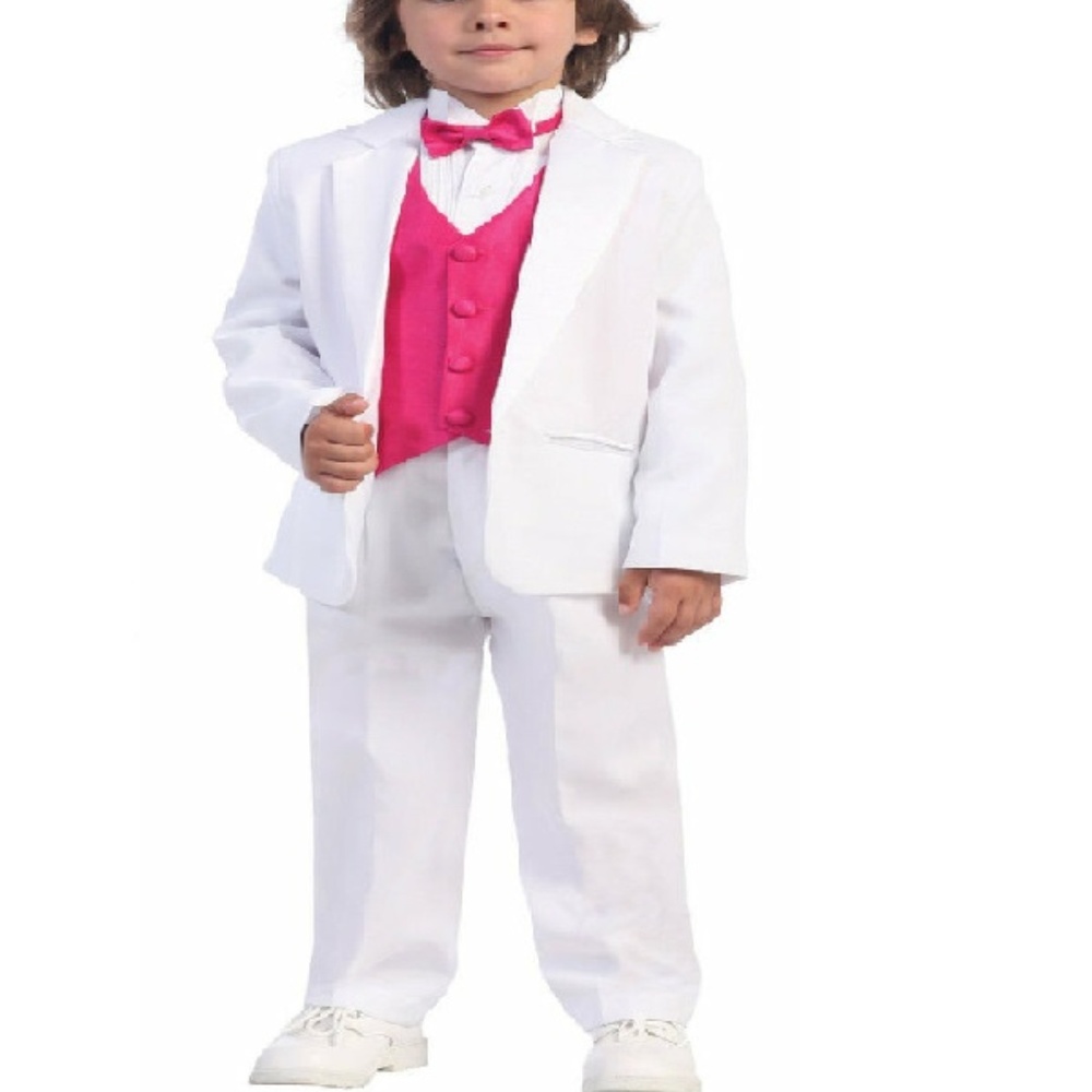 NWT Boys White 5pc Tuxedo Fuchsia Vest & Tie Ring Bearer Easter Sz 7 - Picture 2 of 4